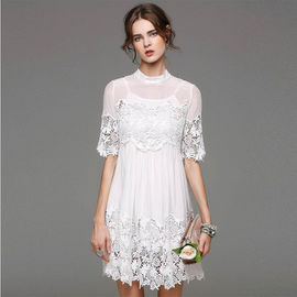 Western Women White Stand Collar Silk Embroidery Mini Dress